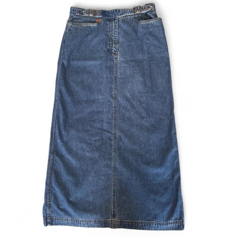Vintage Ralph Lauren Denim Maxi Skirt Blue Y2K Buckle Waist 28